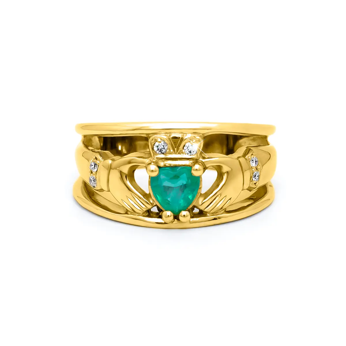 Gold Heartshape Emerald and Diamond Claddagh Wide Ring Photo 2 