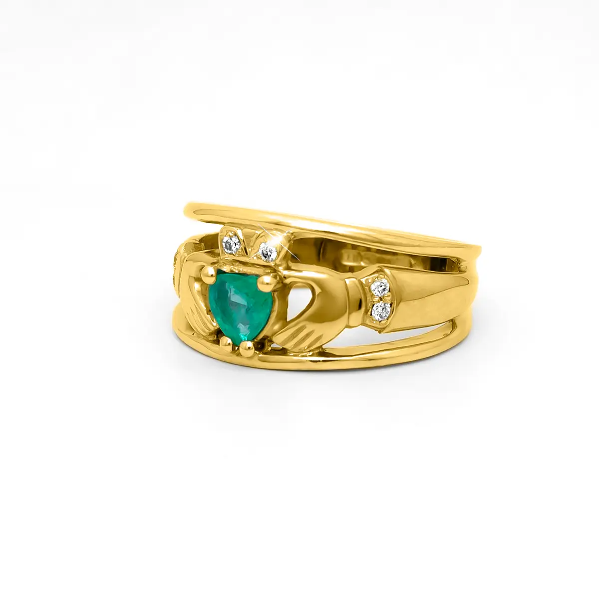 Gold Emerald Diamond Wide Claddagh Ring 2...