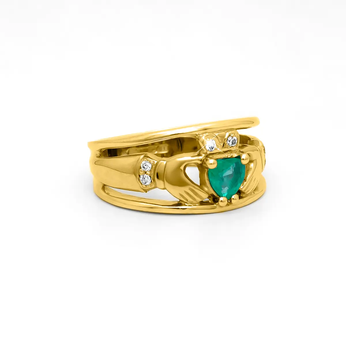 Gold Emerald Diamond Wide Claddagh Ring 3...