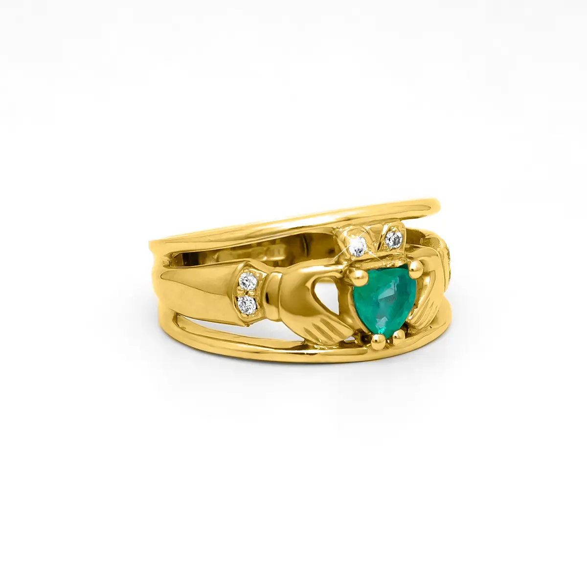 Gold Heartshape Emerald and Diamond Claddagh Wide Ring Photo 4 