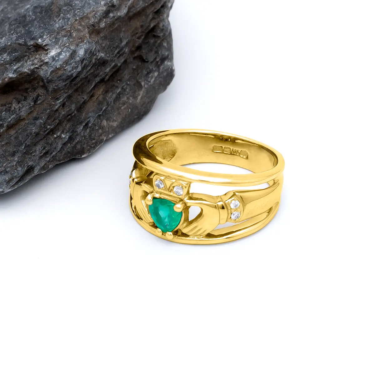 Gold Heartshape Emerald and Diamond Claddagh Wide Ring Photo 5 