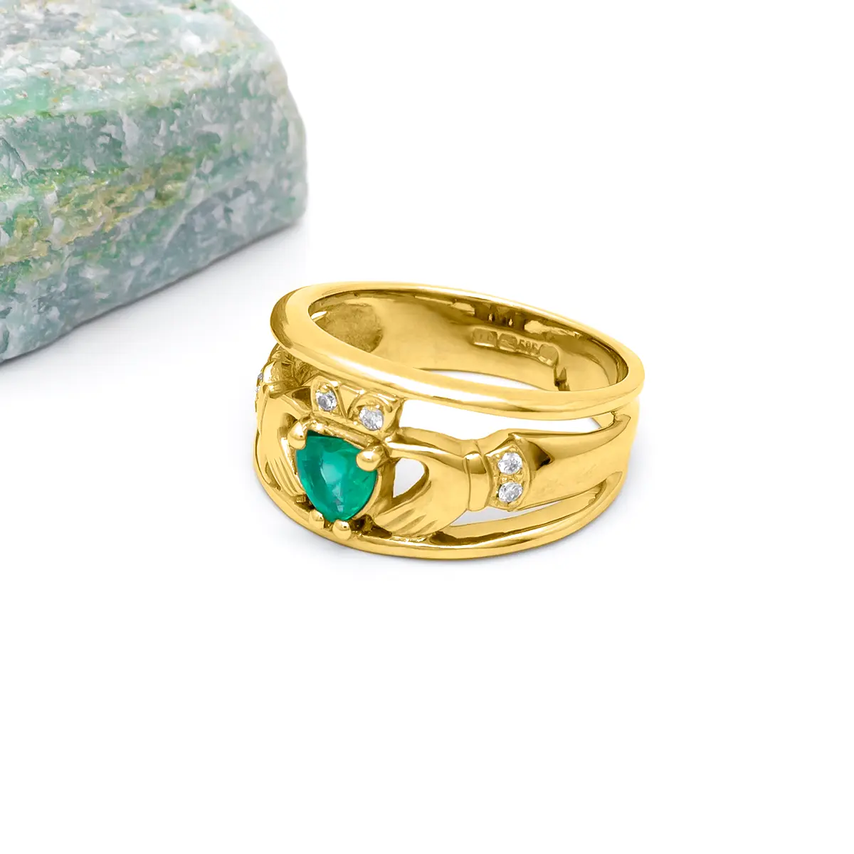 Gold Emerald Diamond Wide Claddagh Ring 5...