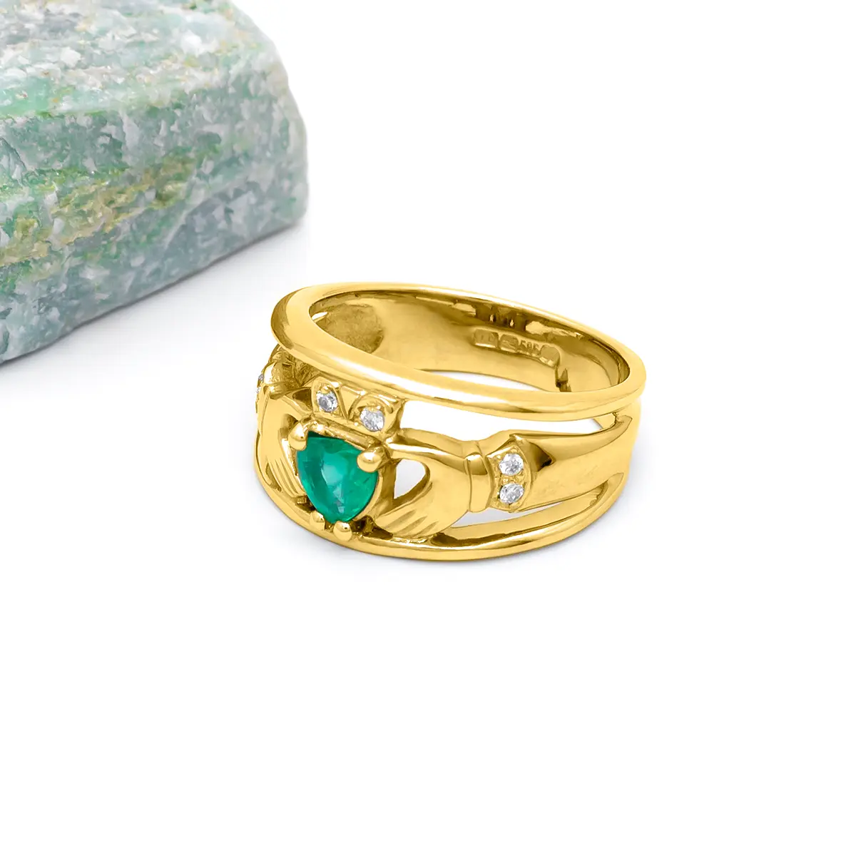 Gold Heartshape Emerald and Diamond Claddagh Wide Ring...