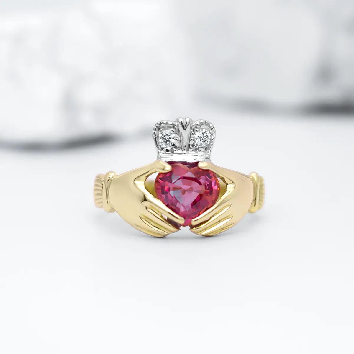 Gold Claddagh Engagement Ring with Ruby and Diamonds