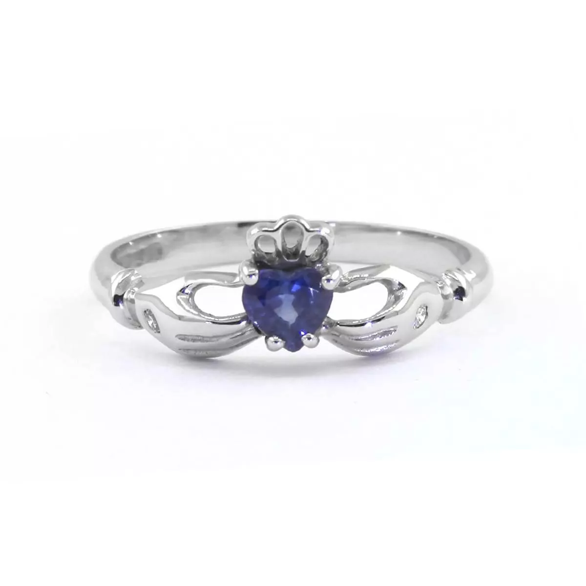 Heartshape Sapphire Diamond Claddagh Ring In White Gold Hands