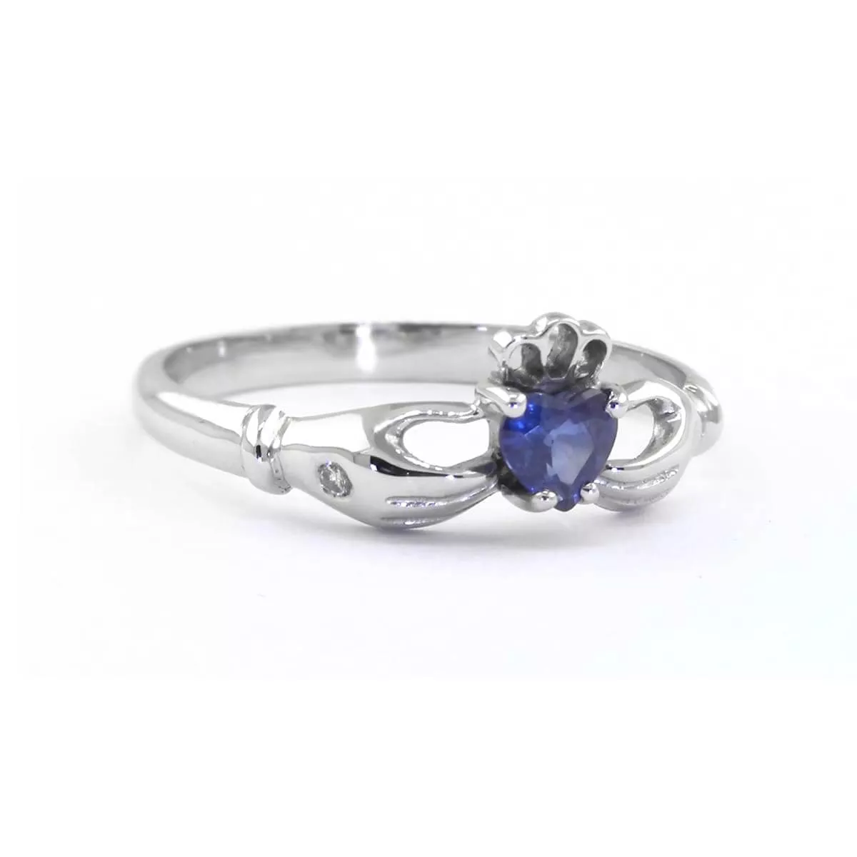 White Gold Sapphire And Diamond Claddagh Ring 4 4