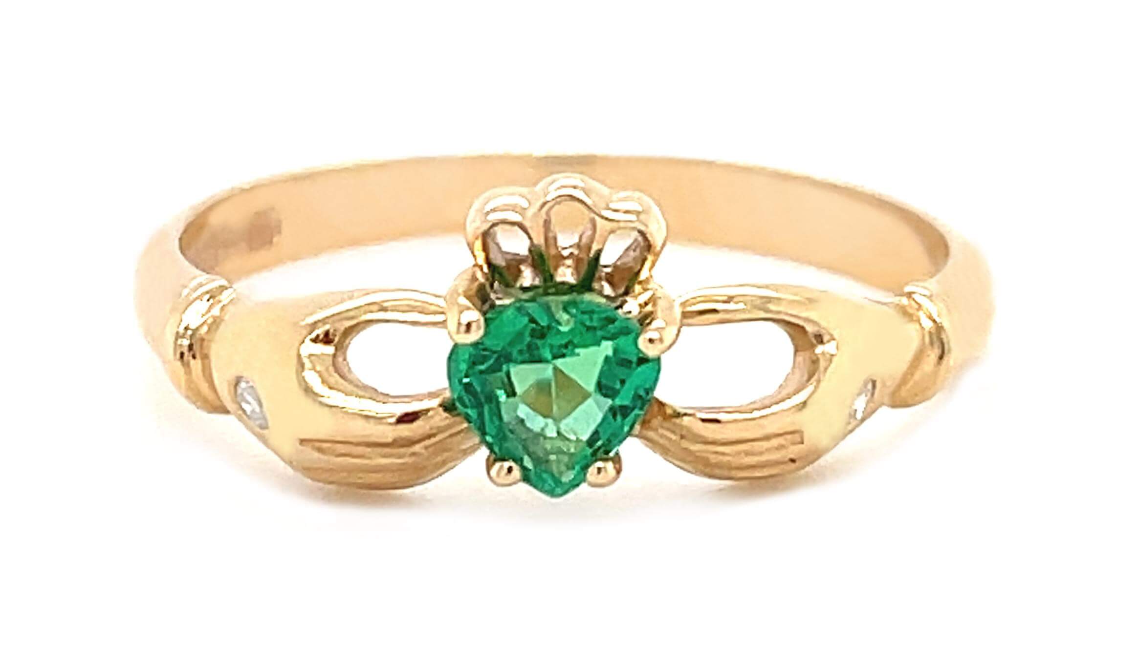 Heartshape Clasped Emerald Yellow Gold And Diamond Claddagh Ring 1 1