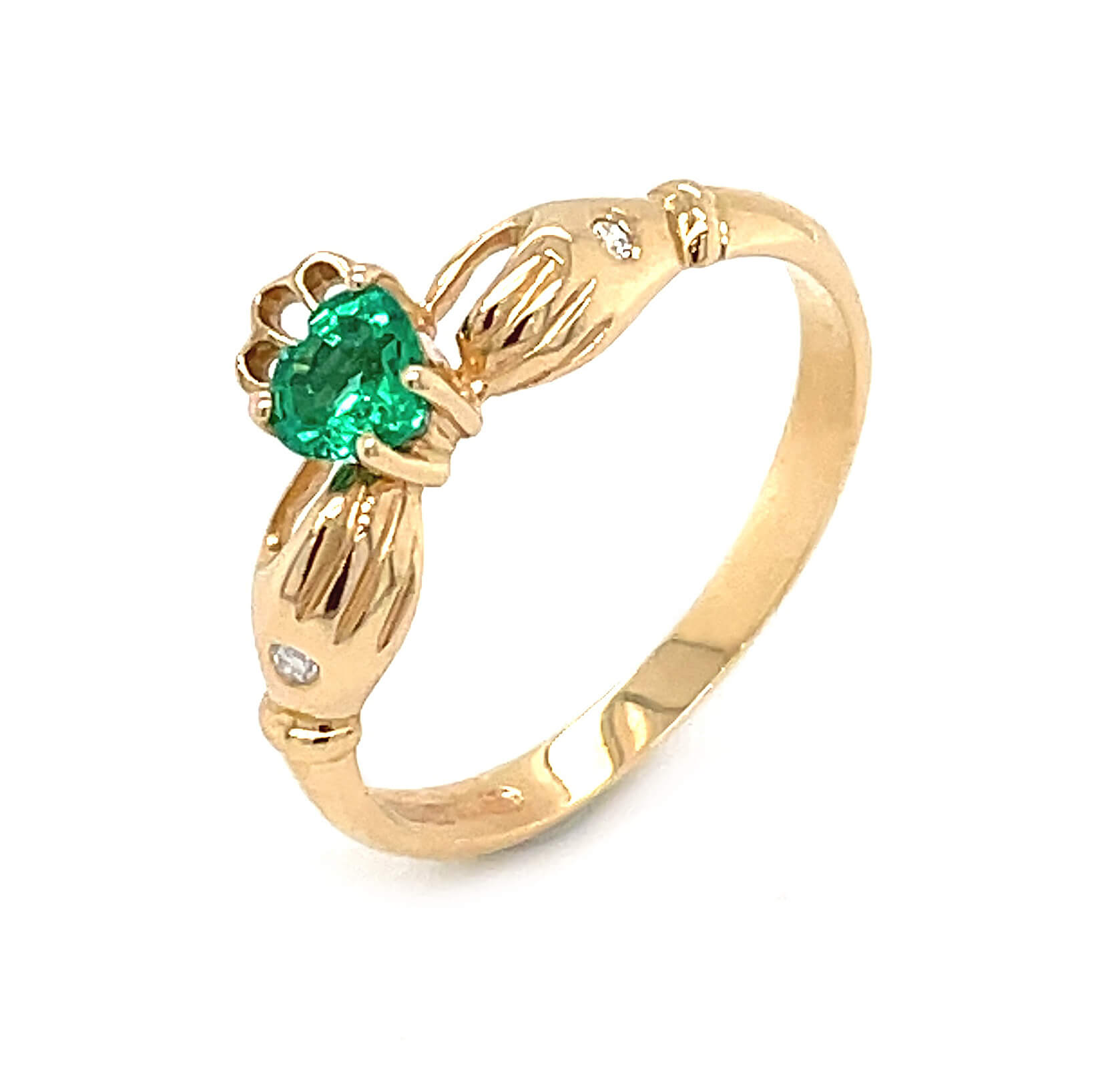 Heartshape Clasped Emerald Yellow Gold And Diamond Claddagh Ring 2 2