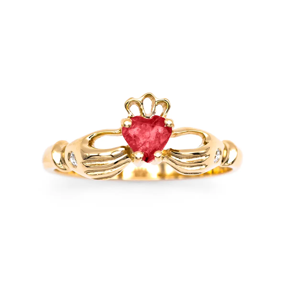 Charming 14k Gold Claddagh Ring With A Heart-shape Ruby And Diamonds...