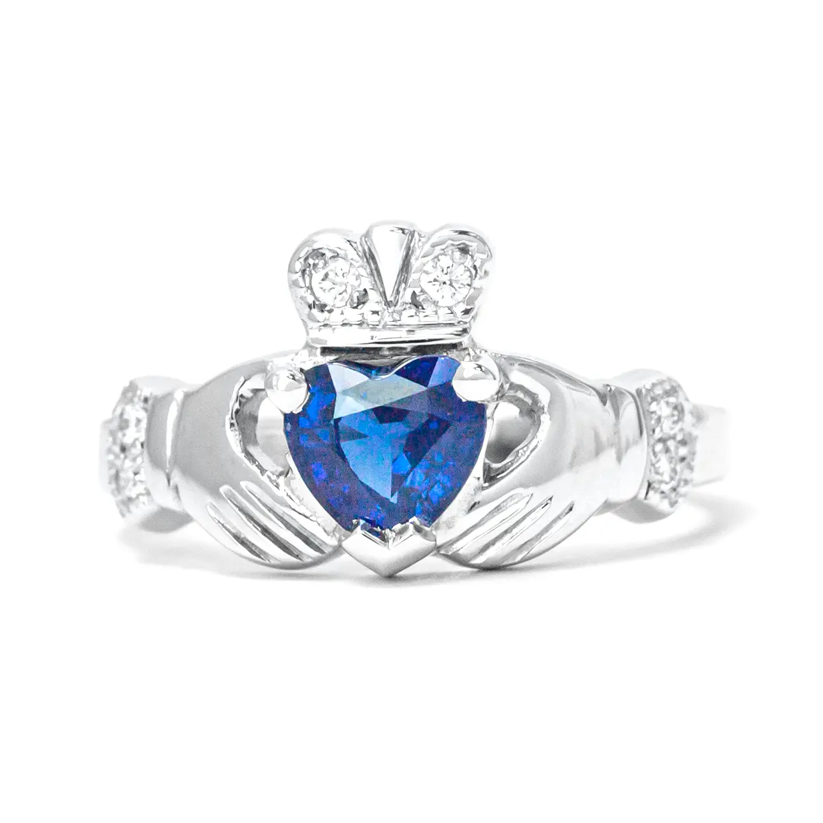 Sapphire Diamond White Gold Claddagh Ring 1...