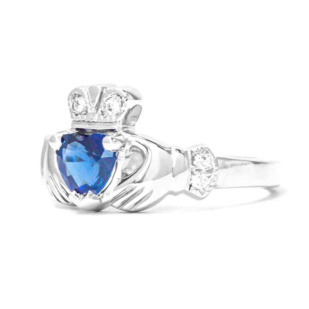 Sapphire Diamond White Gold Claddagh Ring 2...