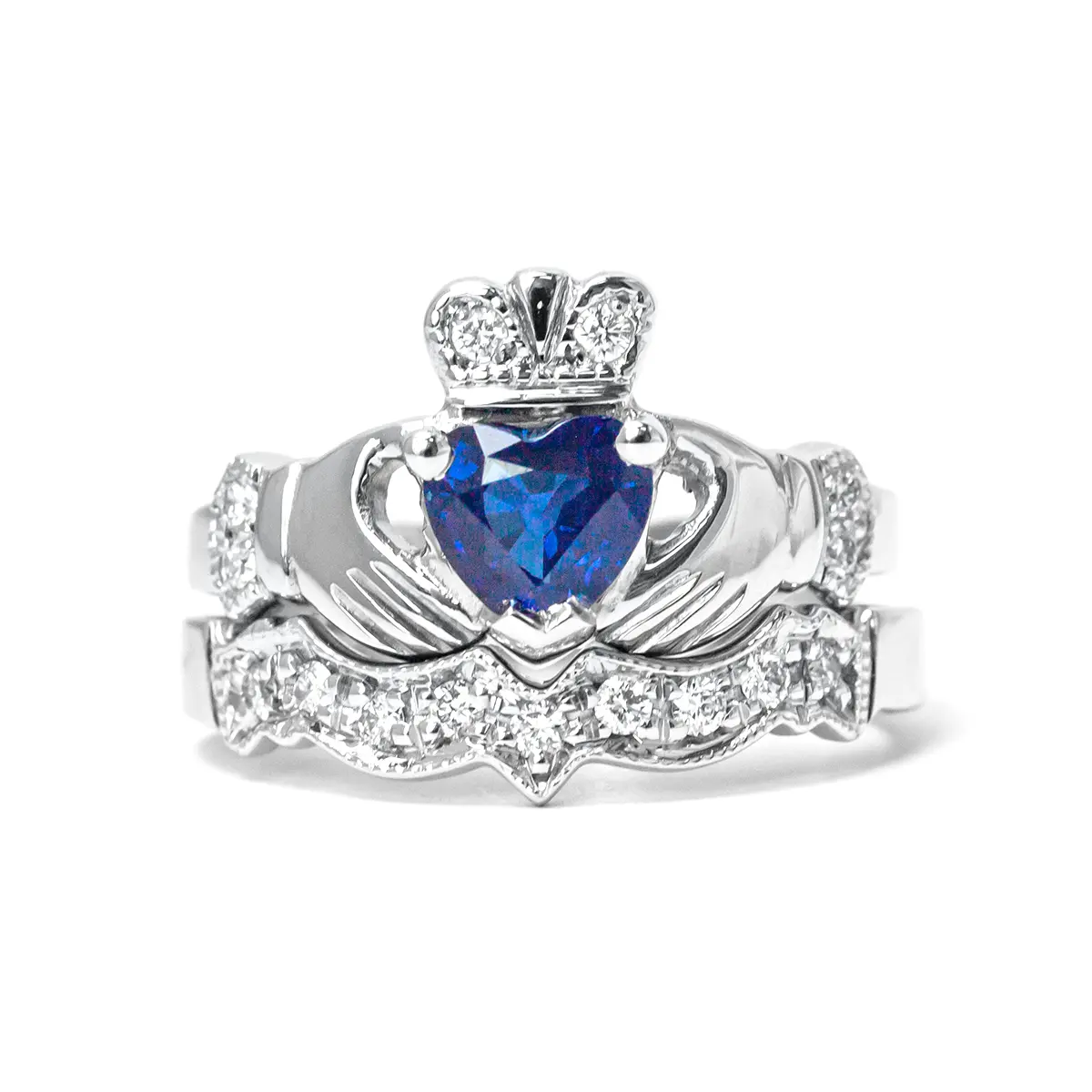 Sapphire Diamond White Gold Claddagh Ring Set 1...