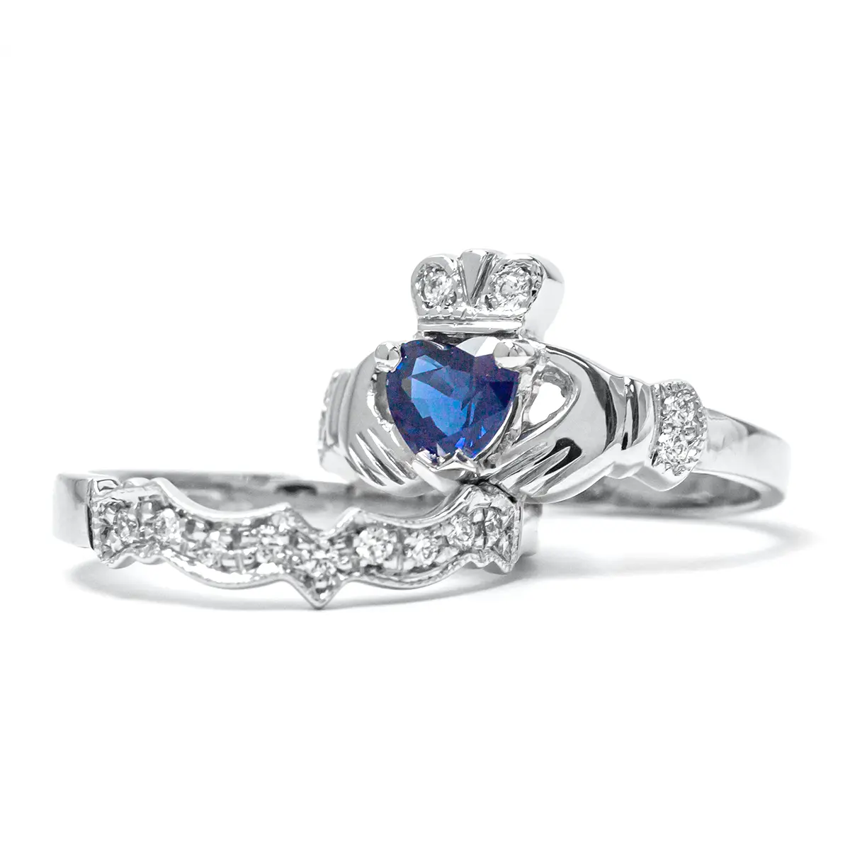 Sapphire Diamond White Gold Claddagh Ring Set 2...