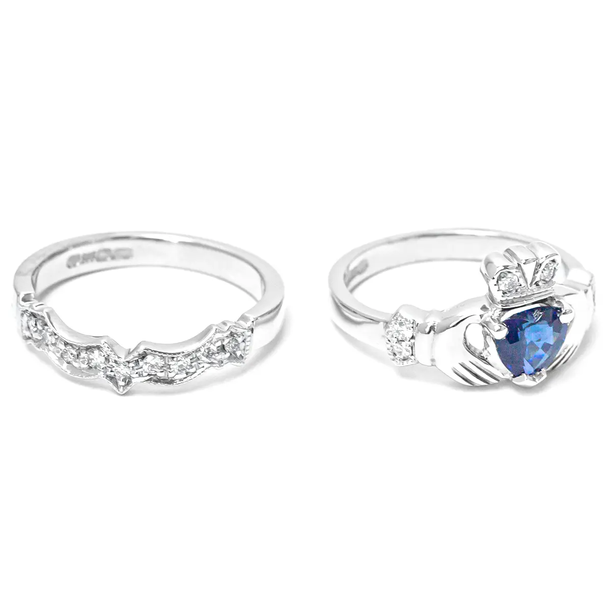 Sapphire Diamond White Gold Claddagh Ring Set 3...