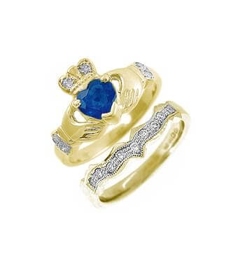 0.55 Carat Heart Sapphire & Diamond Claddagh Ring Set