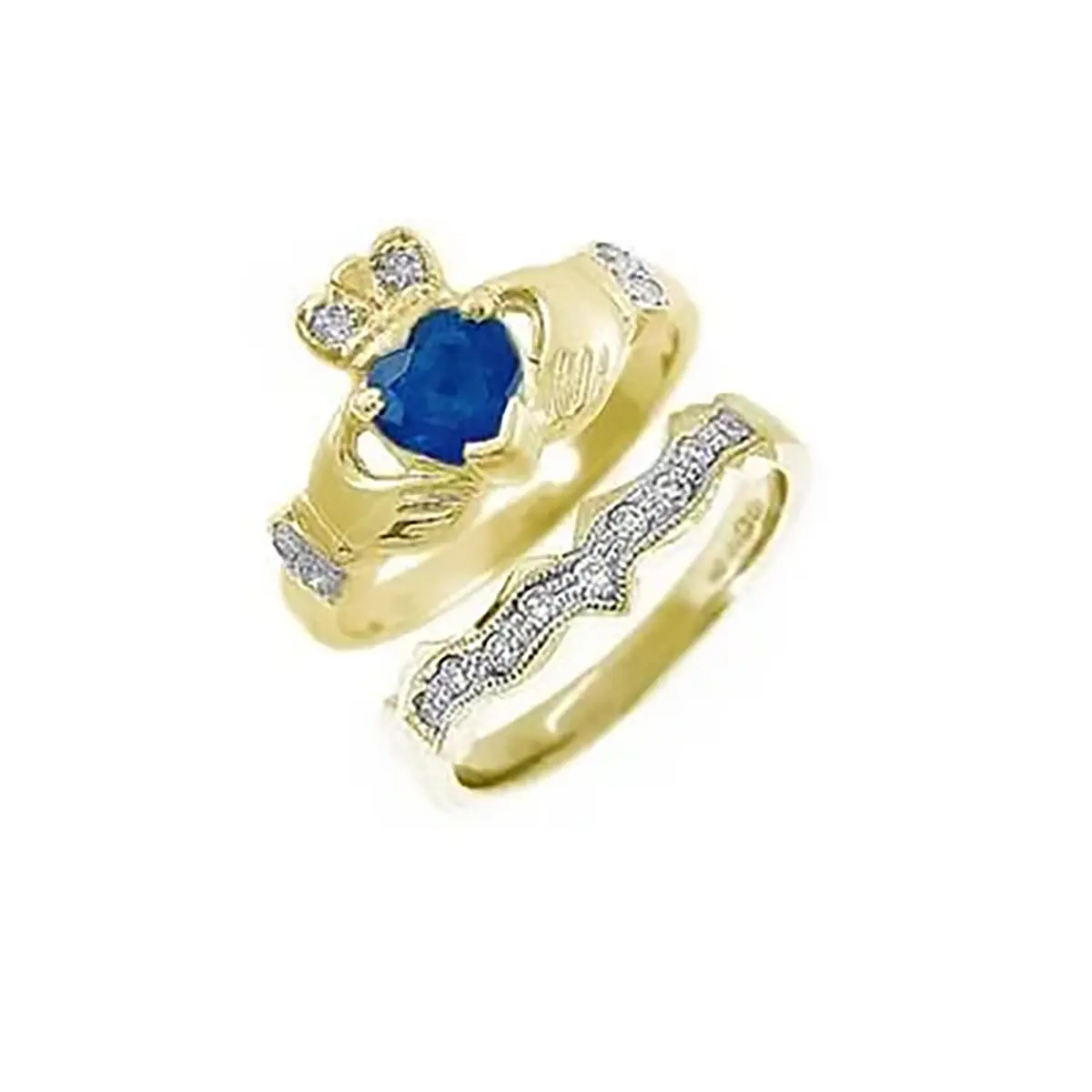 Gold Sapphire And Diamond Claddagh Ring Set