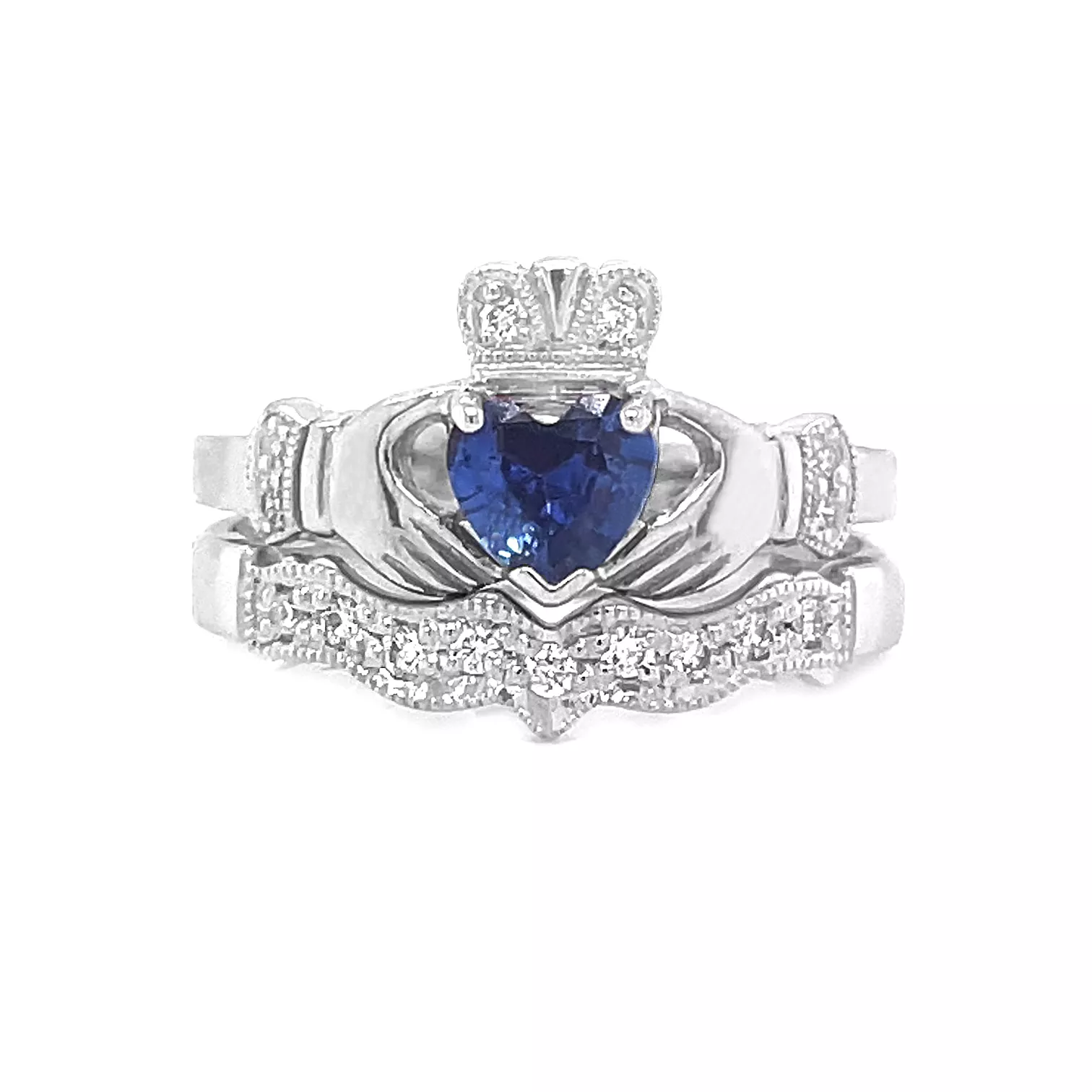 Heartshape Sapphire And Diamond Claddagh Ring Set