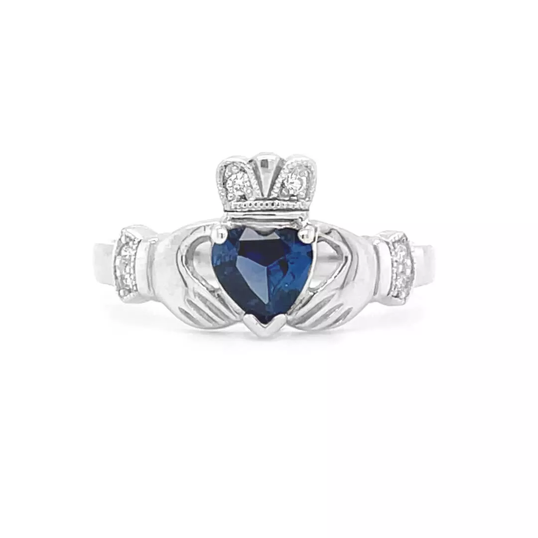 Blue Sapphire, 14k White Gold Claddagh Ring