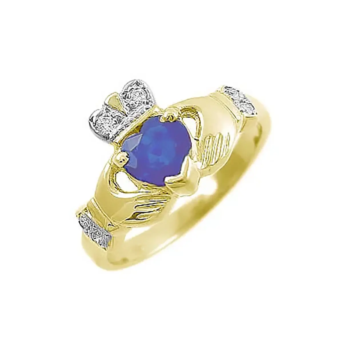 Gold And Sapphire Claddagh Ring With Brilliant Cut Diamond