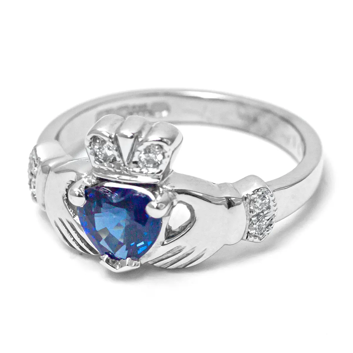 Heartshape Sapphire And Diamond White Gold Claddagh Engagement Ring...