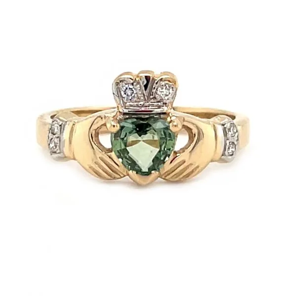14k Gold Heartshape Teal Sapphire And Diamond Claddagh Ring