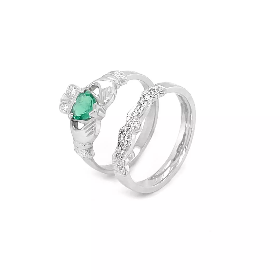 2 Claddagh Ring Set White Gold Heartshape Emerald And Diamond 2 2...