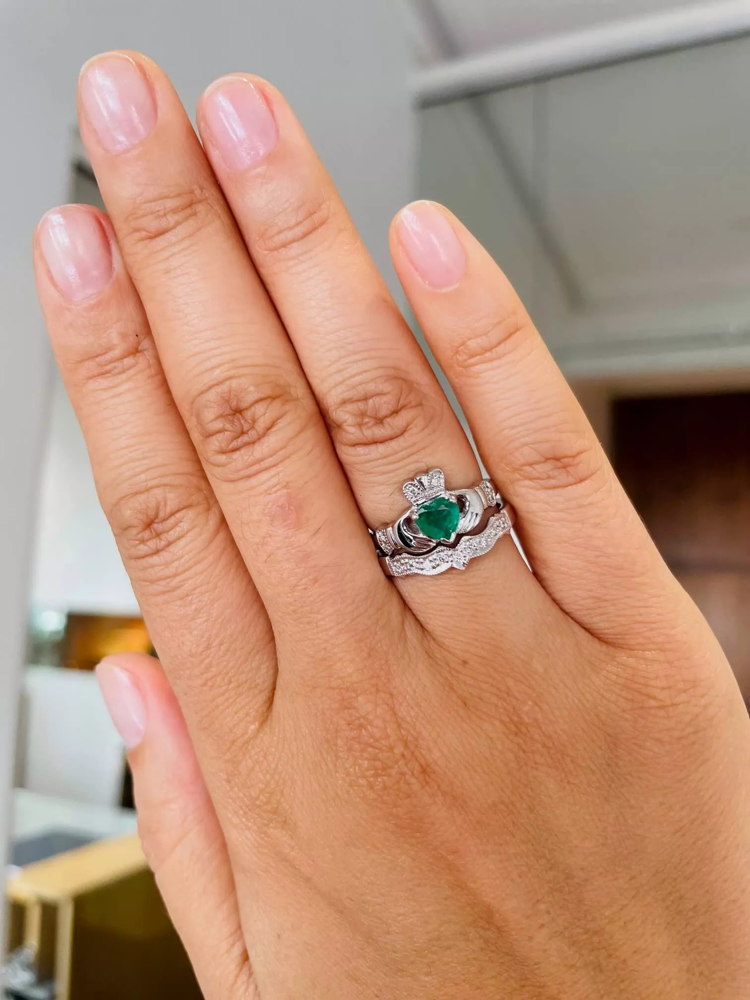 3 Claddagh Ring Set White Gold Heartshape Emerald And Diamond 3 3