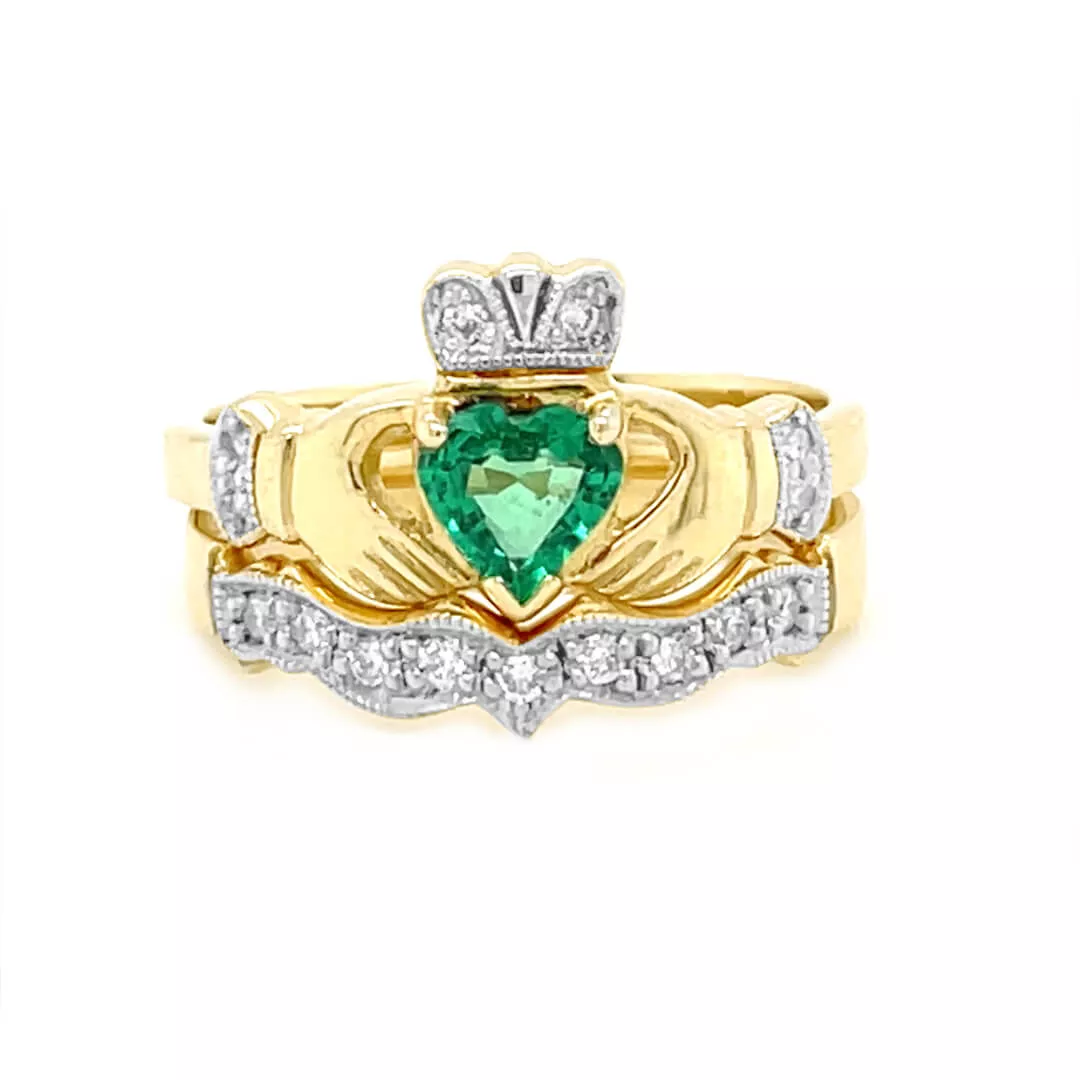 Yellow Gold Heartshape Emerald Diamond Claddagh Ring Set