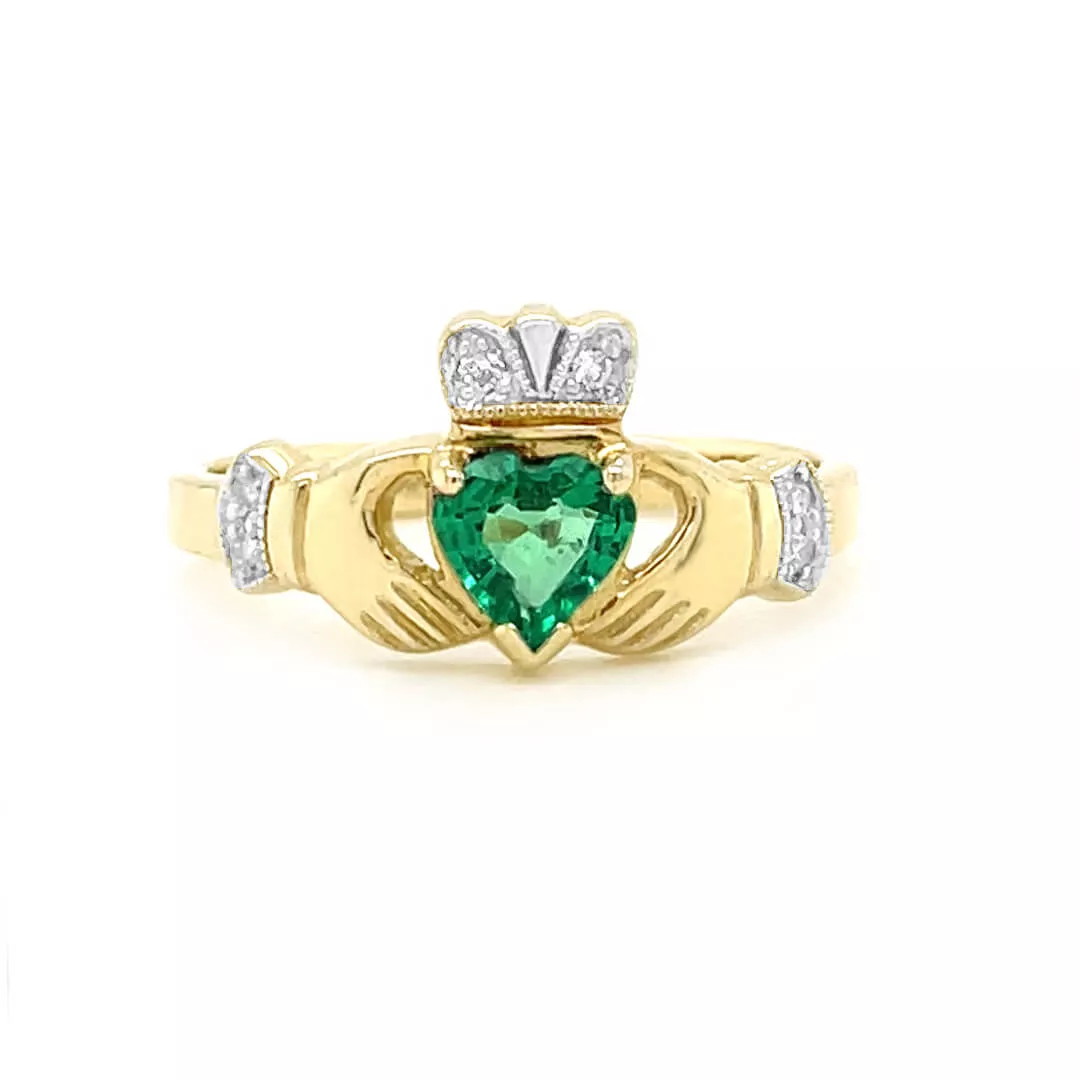 Yellow Gold  Heartshape Emerald. Diamond Claddagh Ring