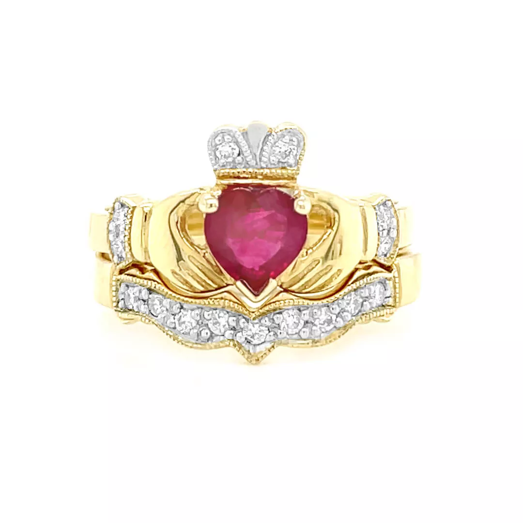 Gold Ruby Claddagh Engagement Ring Set