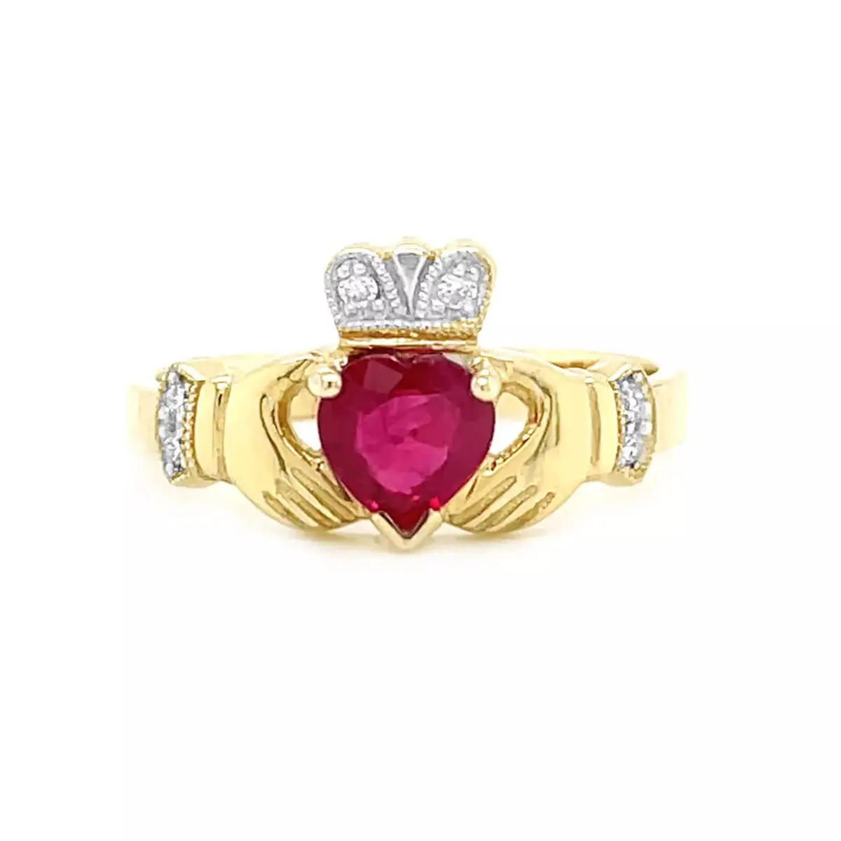 Claddagh Ring In Gold With Heartshape Ruby And Diamonds