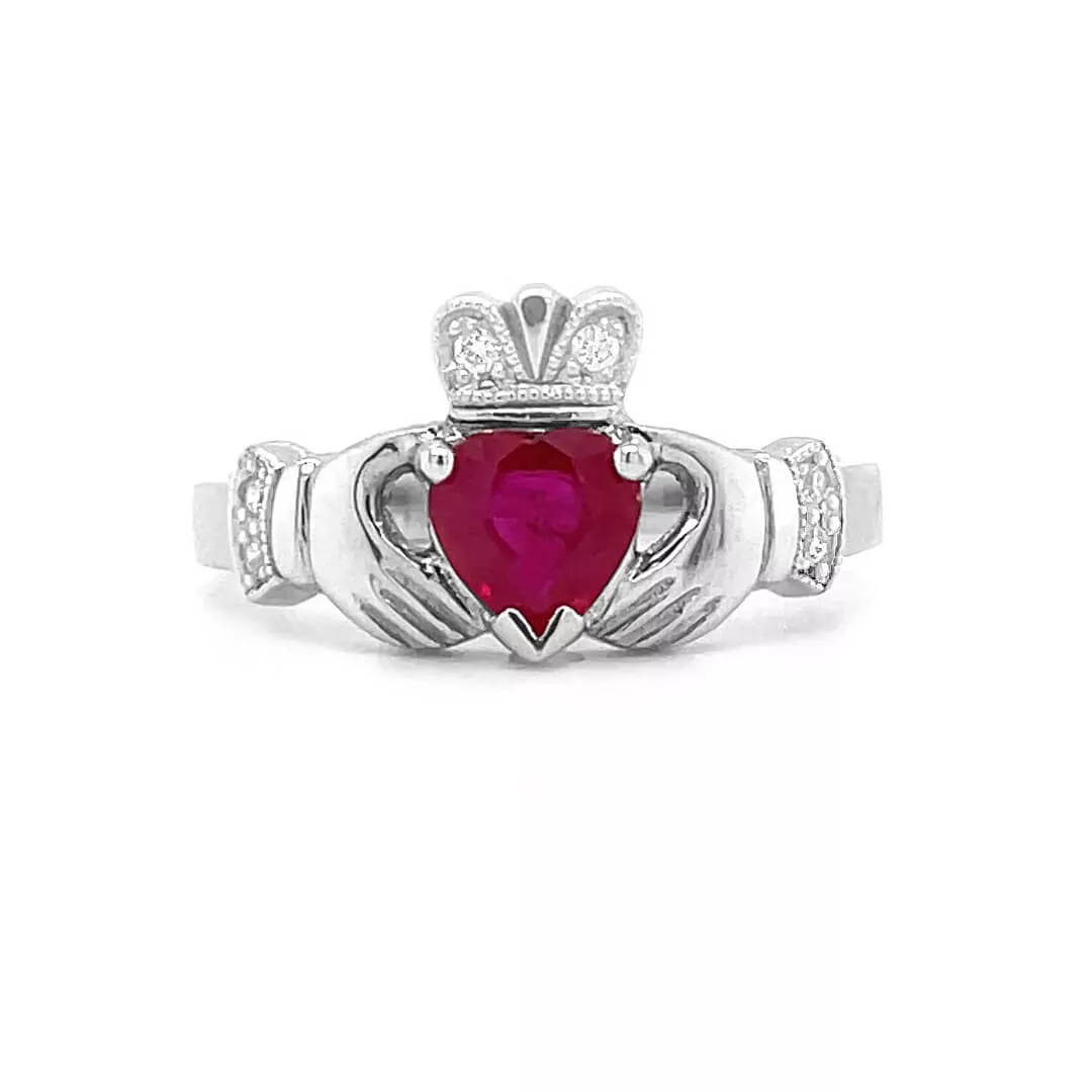 Heartshape Ruby Claddagh Ring Set In White Gold