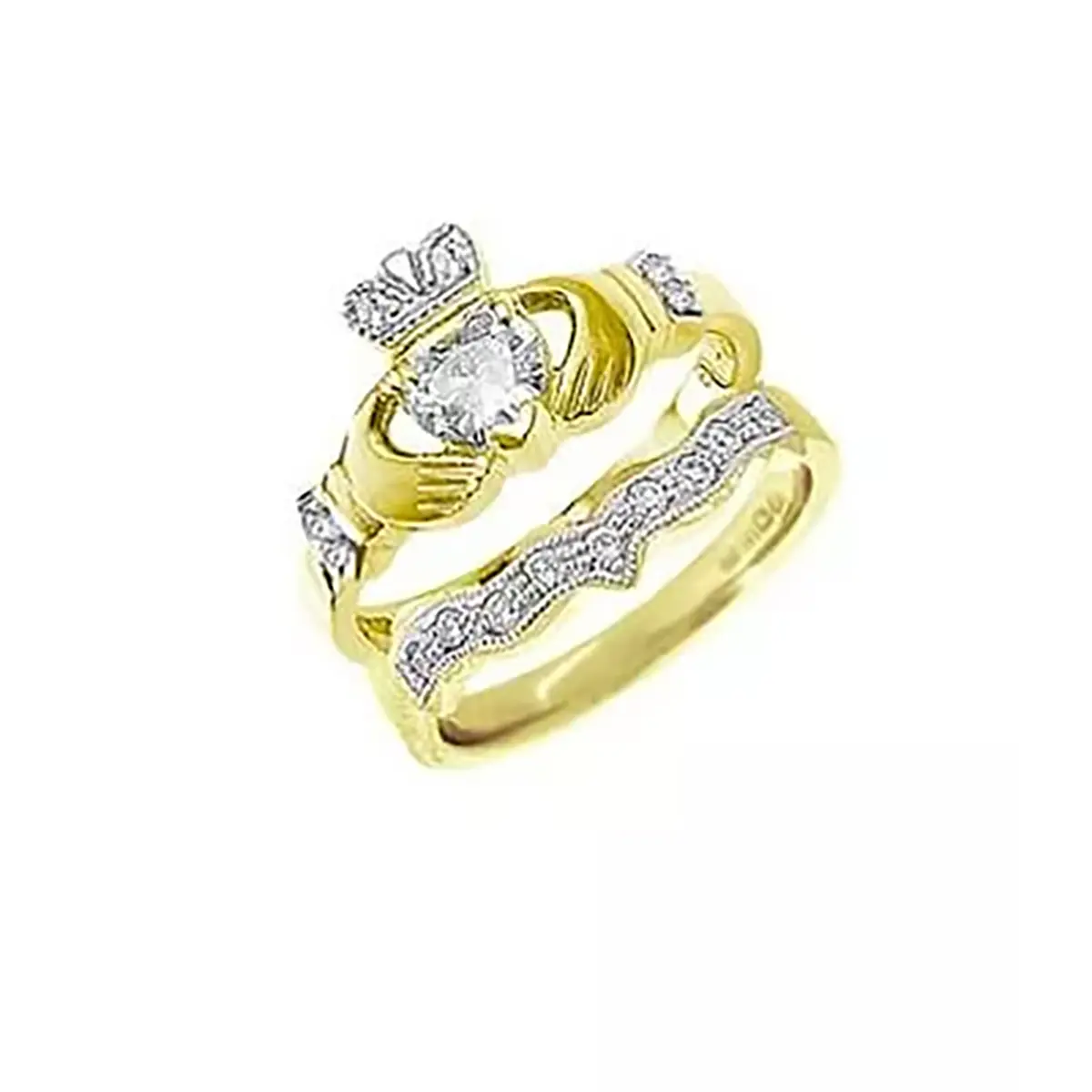 2_Yellow Gold Heart Diamond Claddagh Engagement Ring Set...