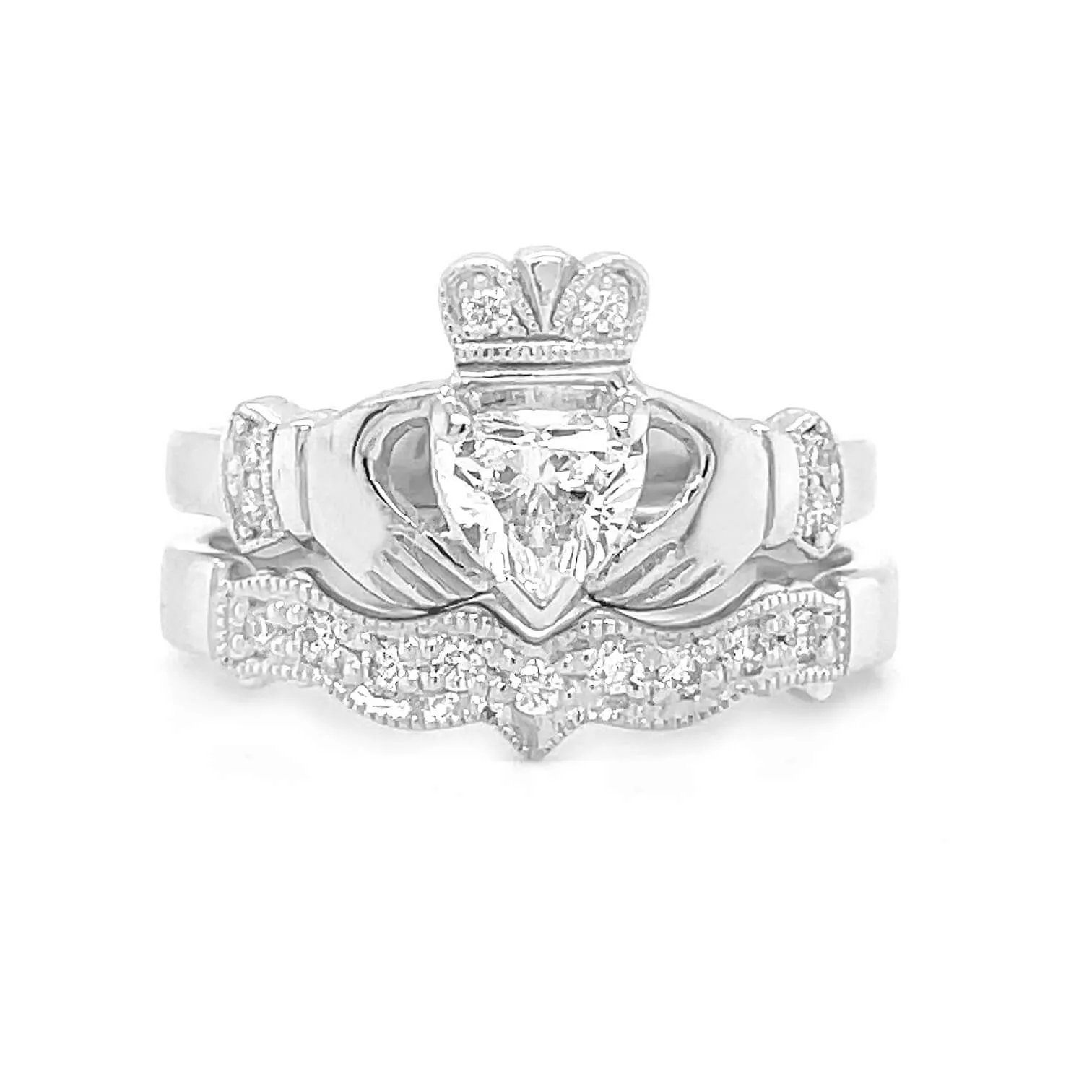 White Gold Diamond Claddagh Engagement and Wedding Ring Set...