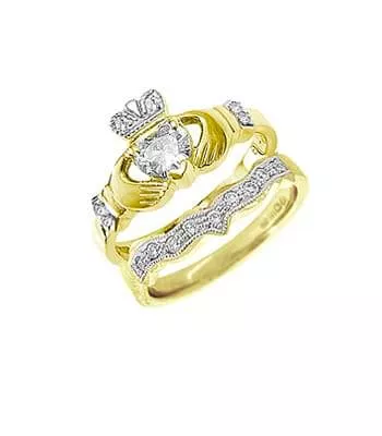 Yellow Gold Heart Diamond Claddagh Engagement Ring Set