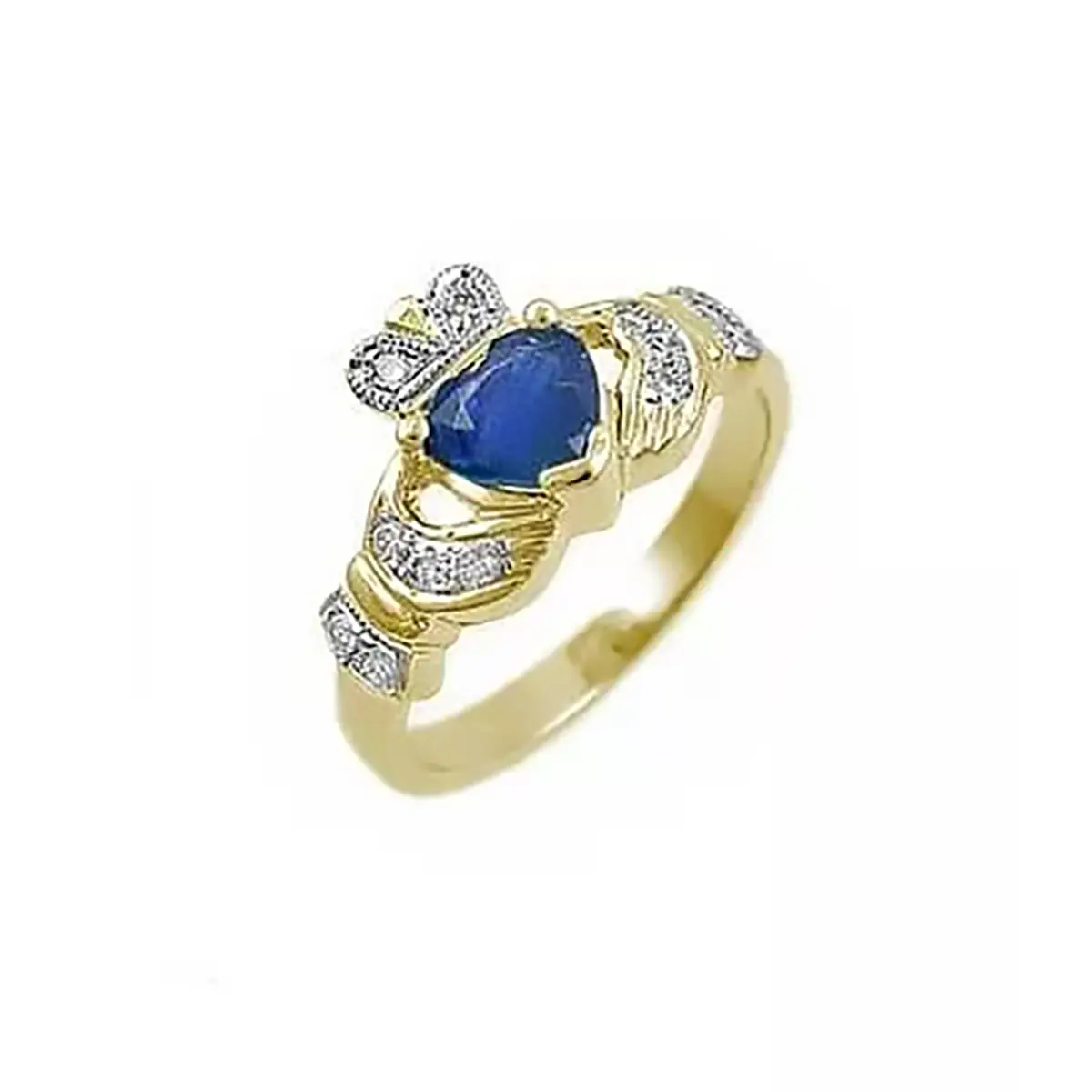 Claddagh Ring With Heartshape Sapphire And Diamond Set In 14k Gold