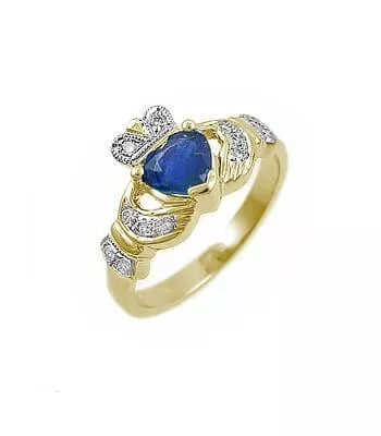Claddagh Ring With Heartshape Sapphire And Diamond Set In 14k Gold