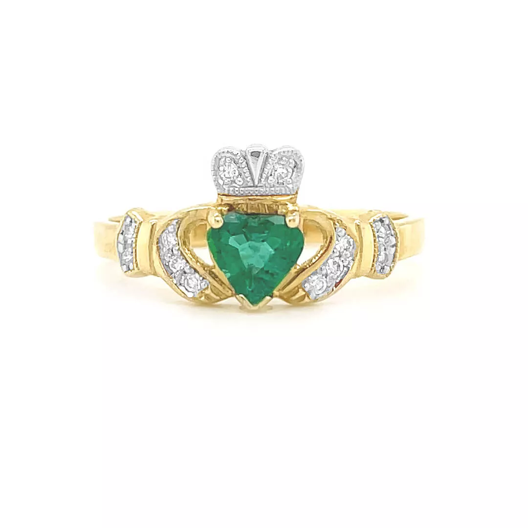 Emerald And Diamond Gold Claddagh Ring
