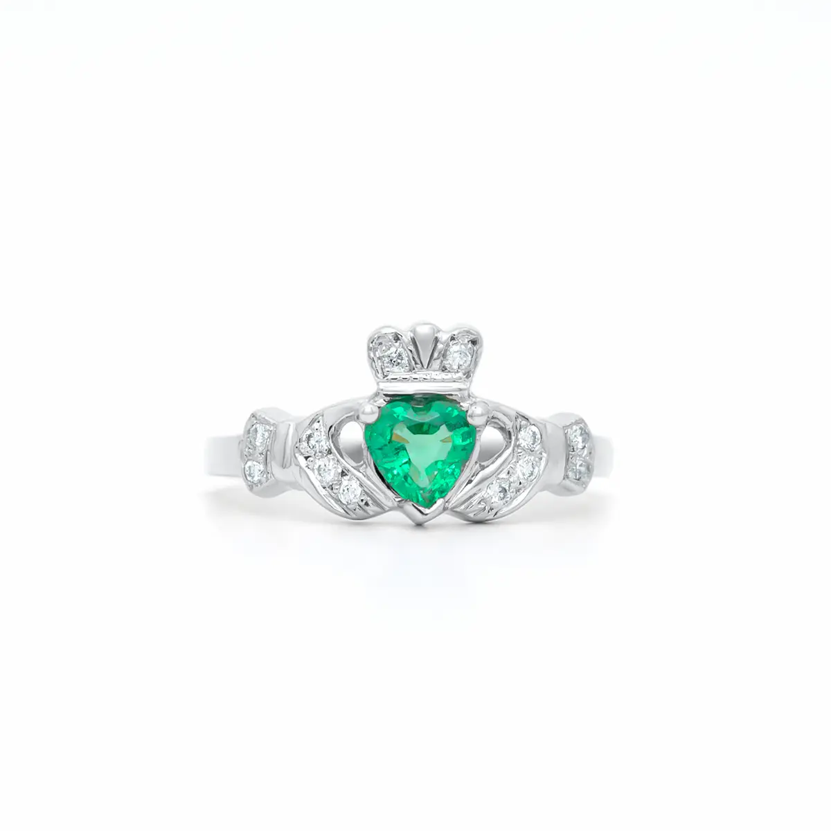 White Gold Emerald Diamond Claddagh Ring 1webp...