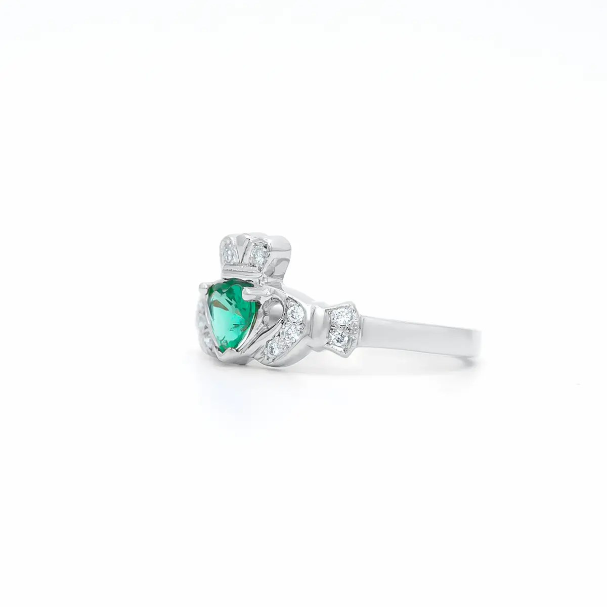 White Gold Emerald Diamond Claddagh Ring 2webp...