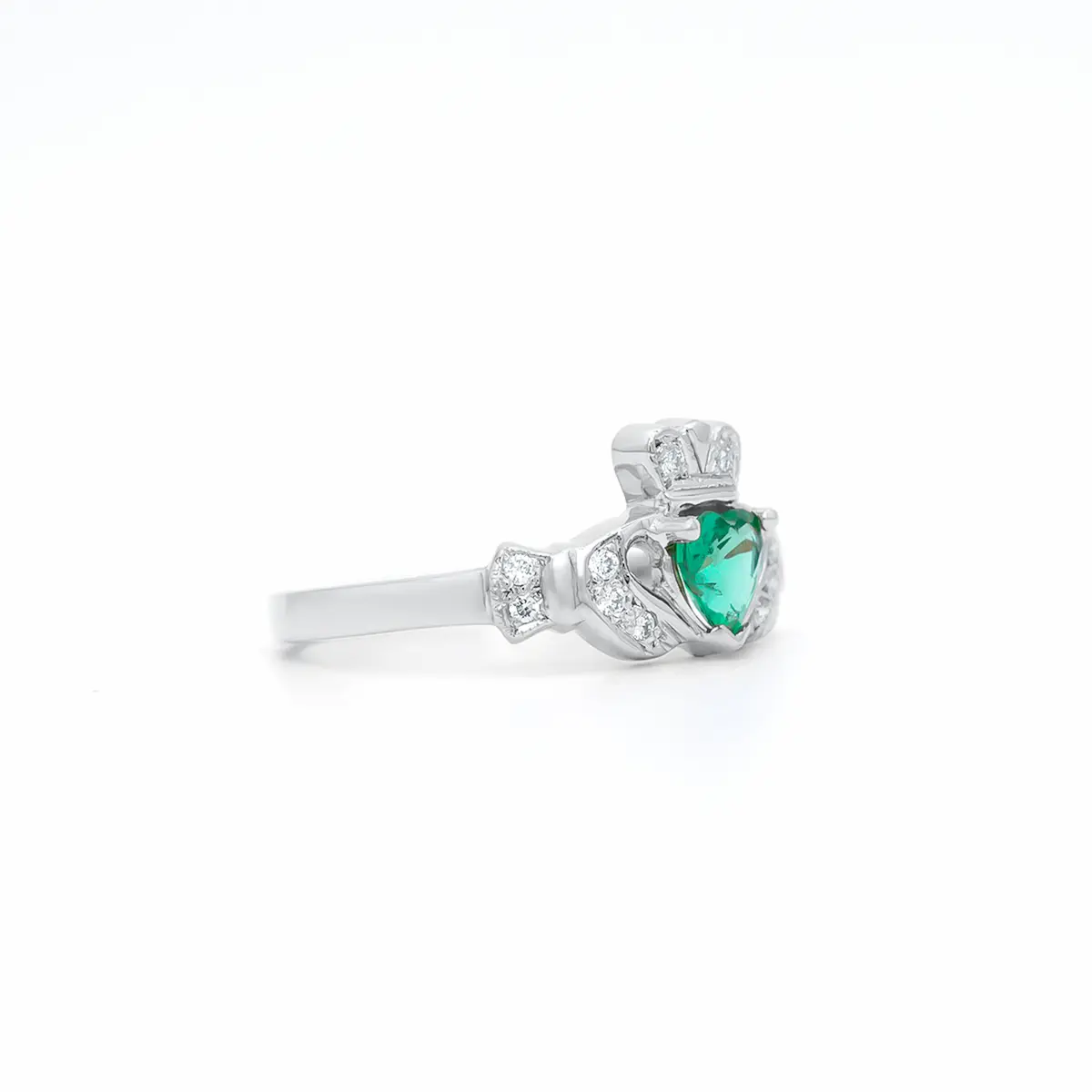 White Gold Emerald Diamond Claddagh Ring 3webp...