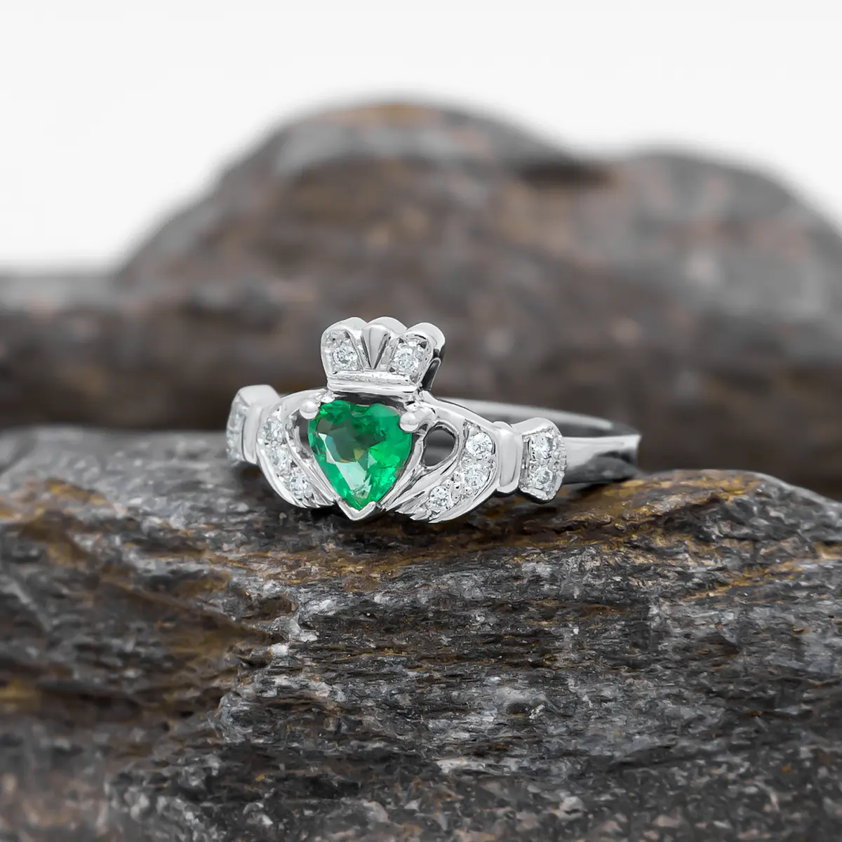 White Gold Emerald Diamond Claddagh Ring 4webp...