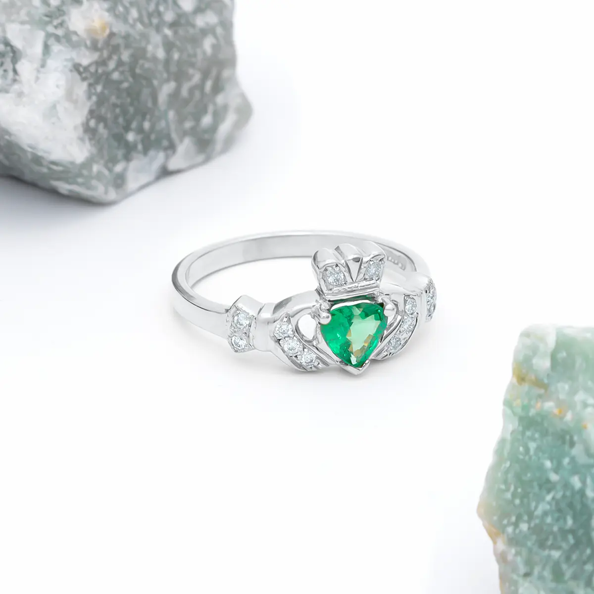 White Gold Emerald Diamond Claddagh Ring 5webp...