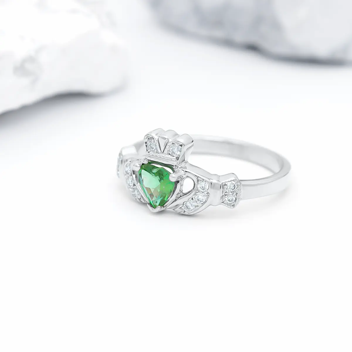 White Gold Emerald Diamond Claddagh Ring 7webp...