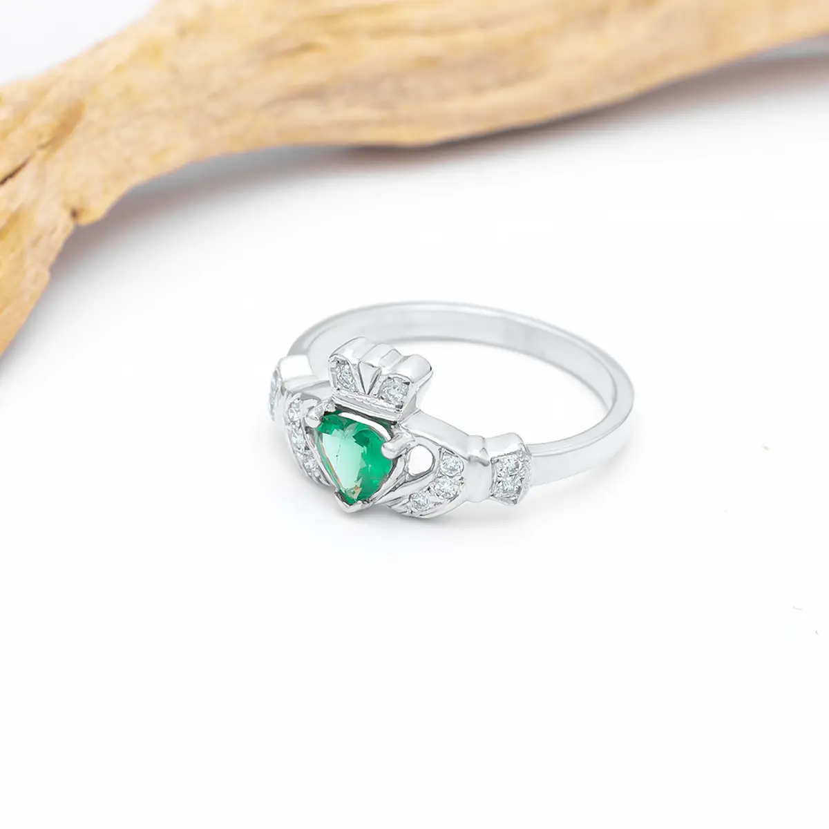 White Gold Emerald Diamond Claddagh Ring 8webp...