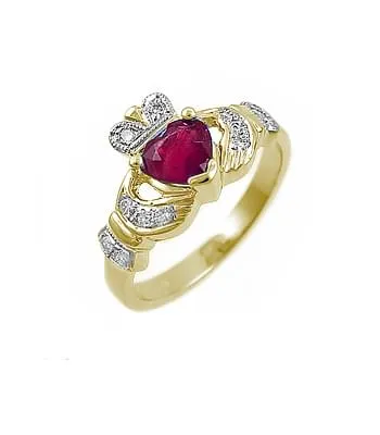 Gold Claddagh Ring With Ruby and Diamonds...