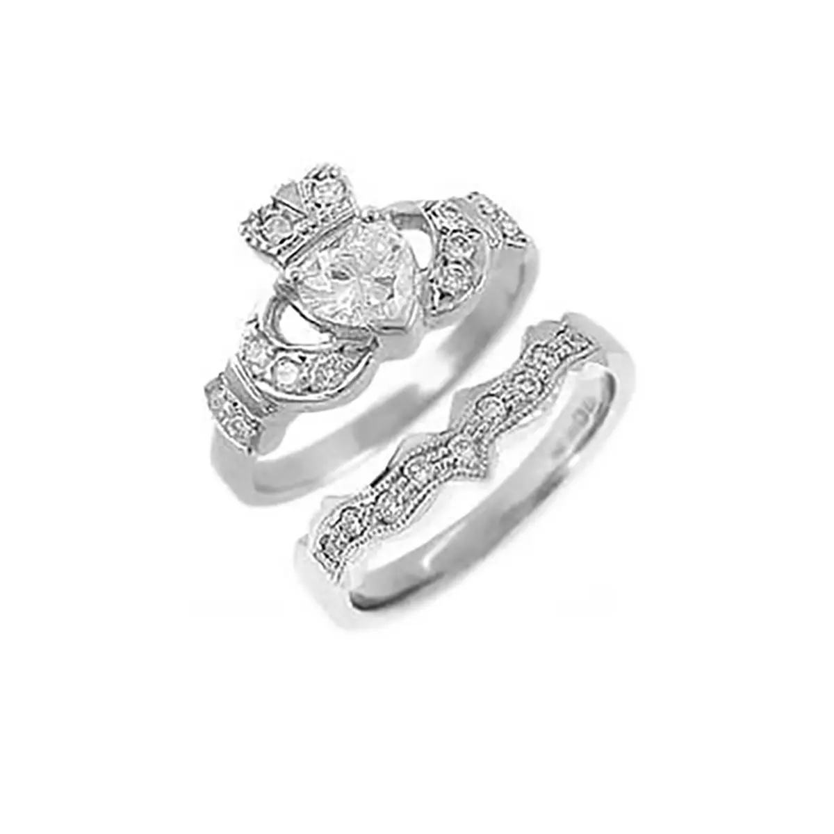 White Gold Claddagh Engagement and Wedding Ring Set ...