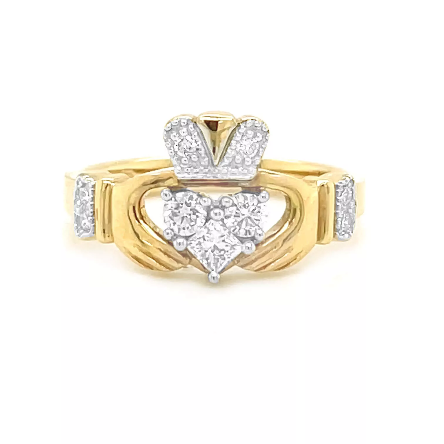 1 Yellow Gold 3 Stone Diamond Claddagh Ring 1 1
