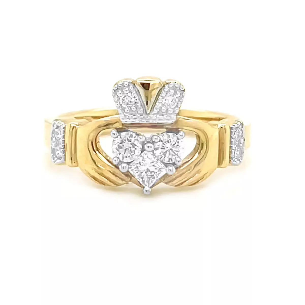 1_1_Yellow Gold 3 Stone Diamond Claddagh Ring