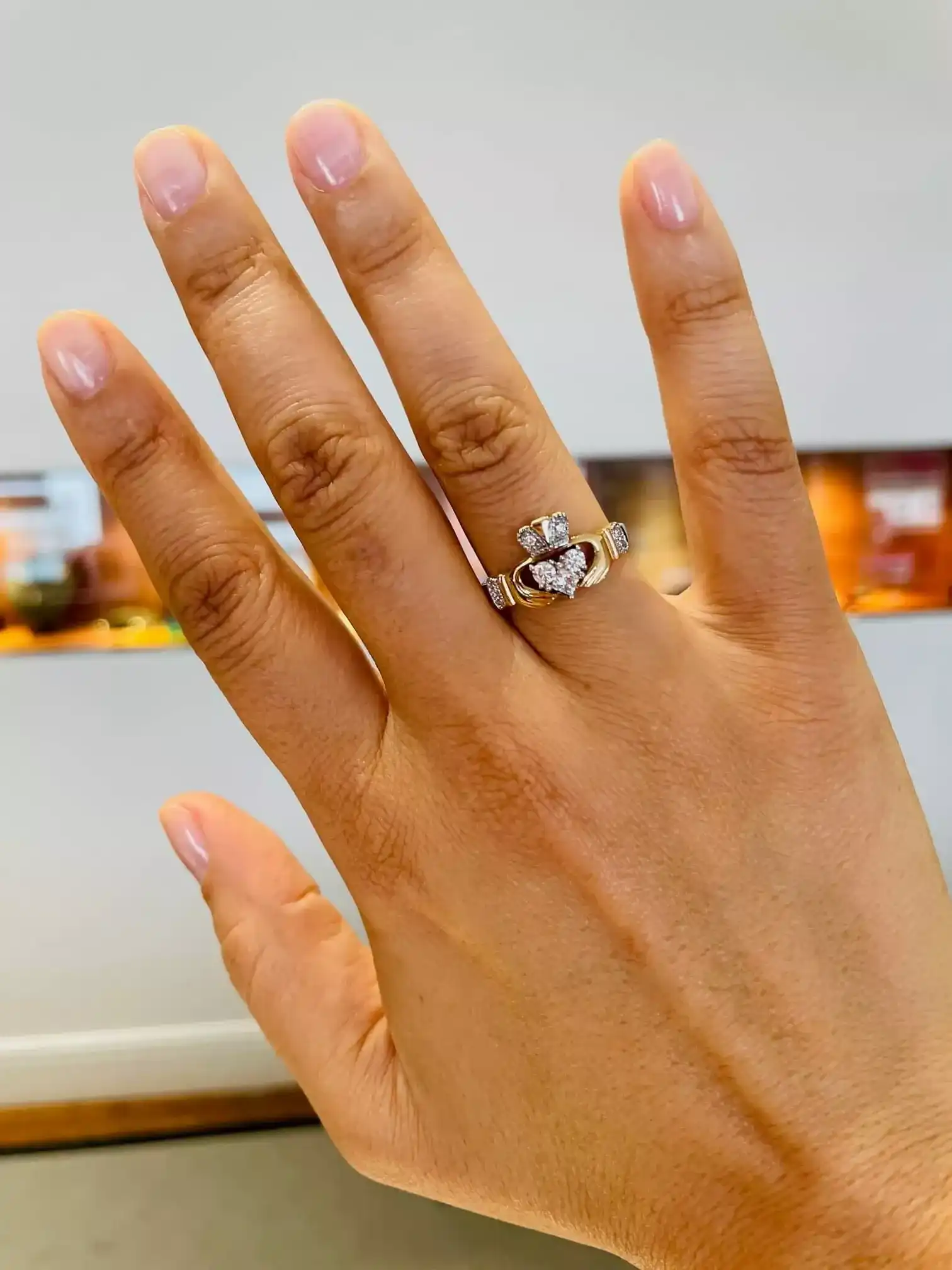2 Yellow Gold 3 Stone Diamond Claddagh Ring 3a...